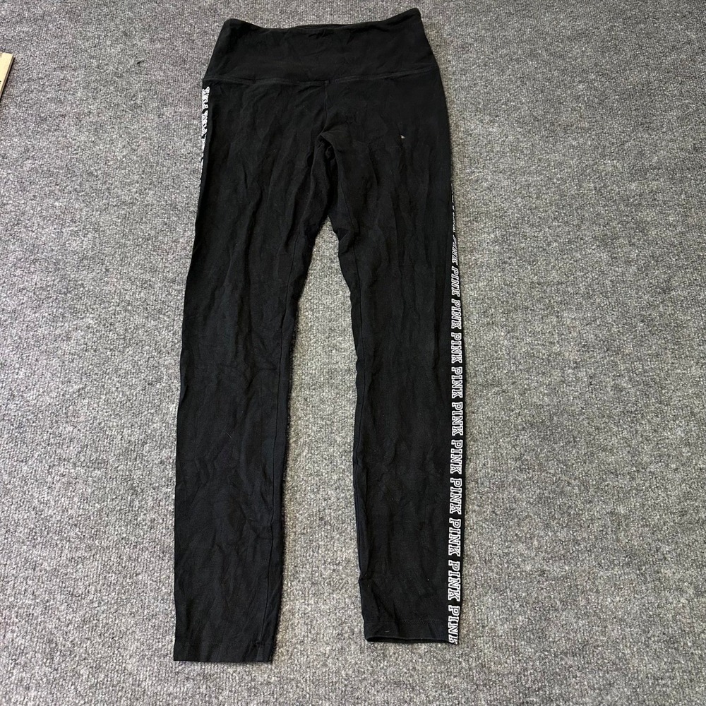 Pink Leggings Womens Size M Black Logo Tape Side Stripe High Waisted Athletic